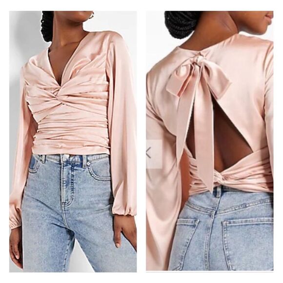 Express soft pink satin long sleeve open bow back blouse size medium - Picture 1 of 12